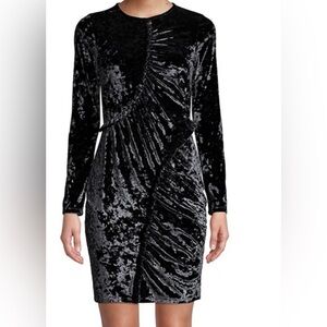 Michael Kors Ruffle Crushed Black Velvet Sheath Dress Ruffle Trim Ruching Sz M